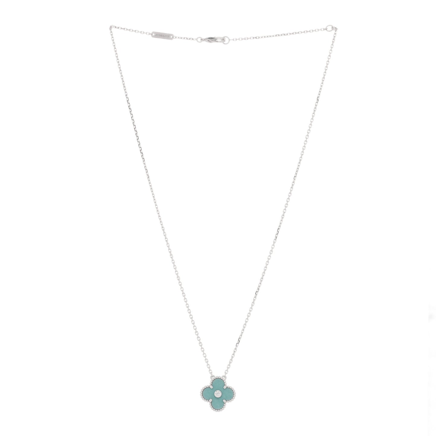 VAN CLEEF & ARPELS 18K White Gold Diamond Celadon Green Sevres Porcelain Vintage Alhambra Pendant Necklace