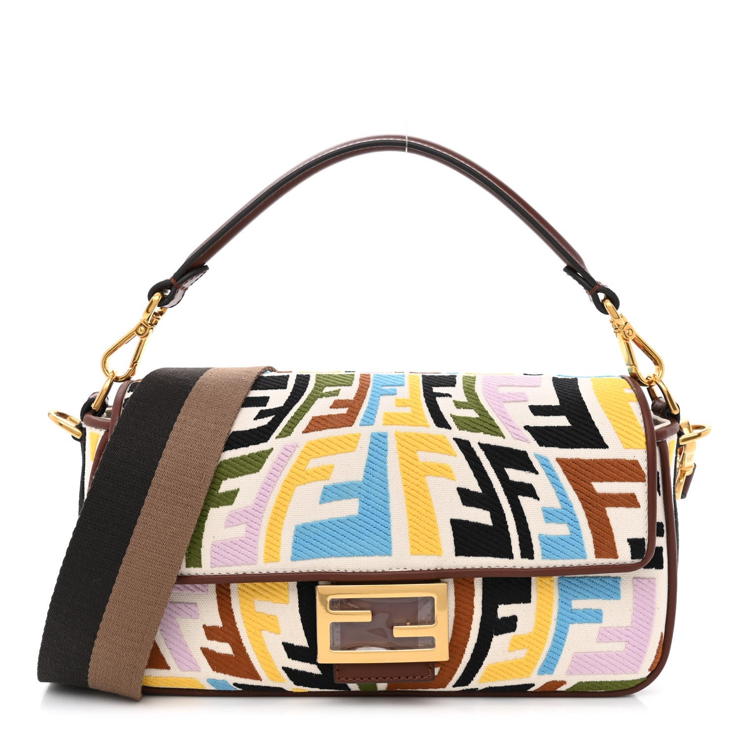 X SARA COLEMAN Canvas Vitello King Seta FF Fish Eye Embroidered Baguette Grezzo Multicolor Ghianda