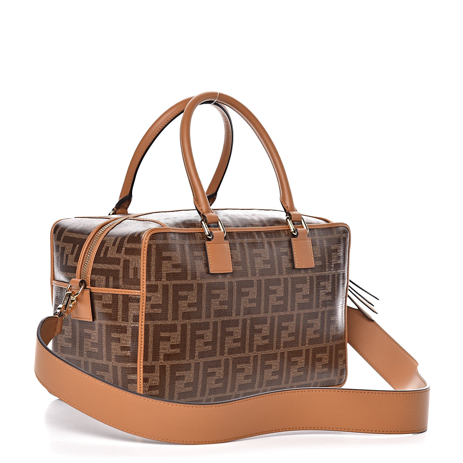 Fendi Glazed Fabric Vitello Century FF 1974 Stamp Patch Small Boston Mogano Panna Caramello 3 of 10