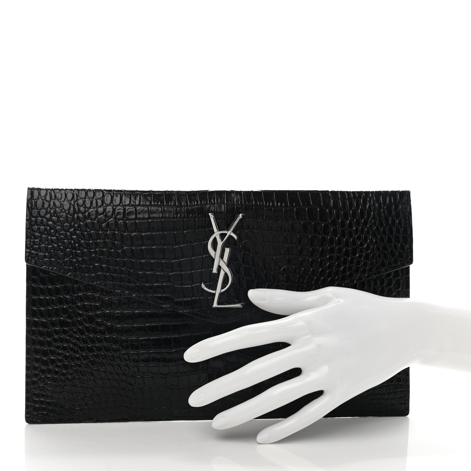 Saint Laurent Calfskin Crocodile Embossed Uptown Monogram Pouch Black 2 of 8
