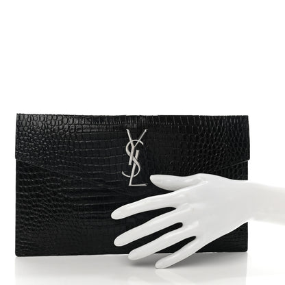 Saint Laurent Calfskin Crocodile Embossed Uptown Monogram Pouch Black 2 of 8