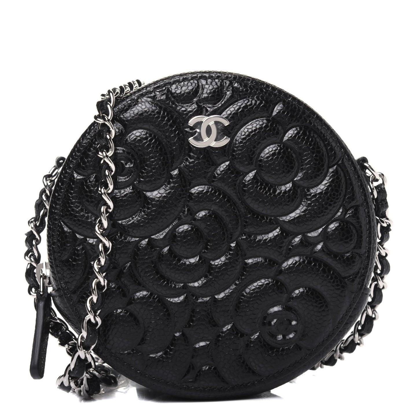 Caviar Camellia Embossed Round Clutch With Chain Black