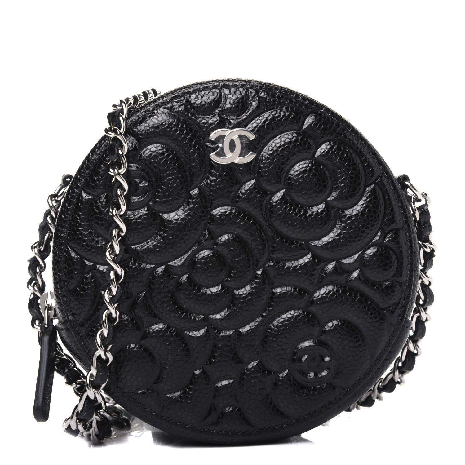 Chanel Caviar Camellia Embossed Round Clutch With Chain Black 1 of 13