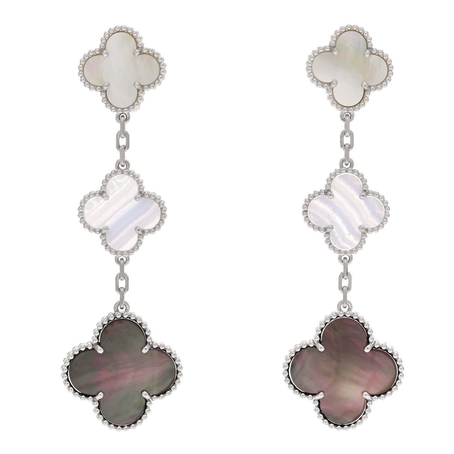 18K White Gold Mother of Pearl Chalcedony 3 Motifs Magic Alhambra Earrings