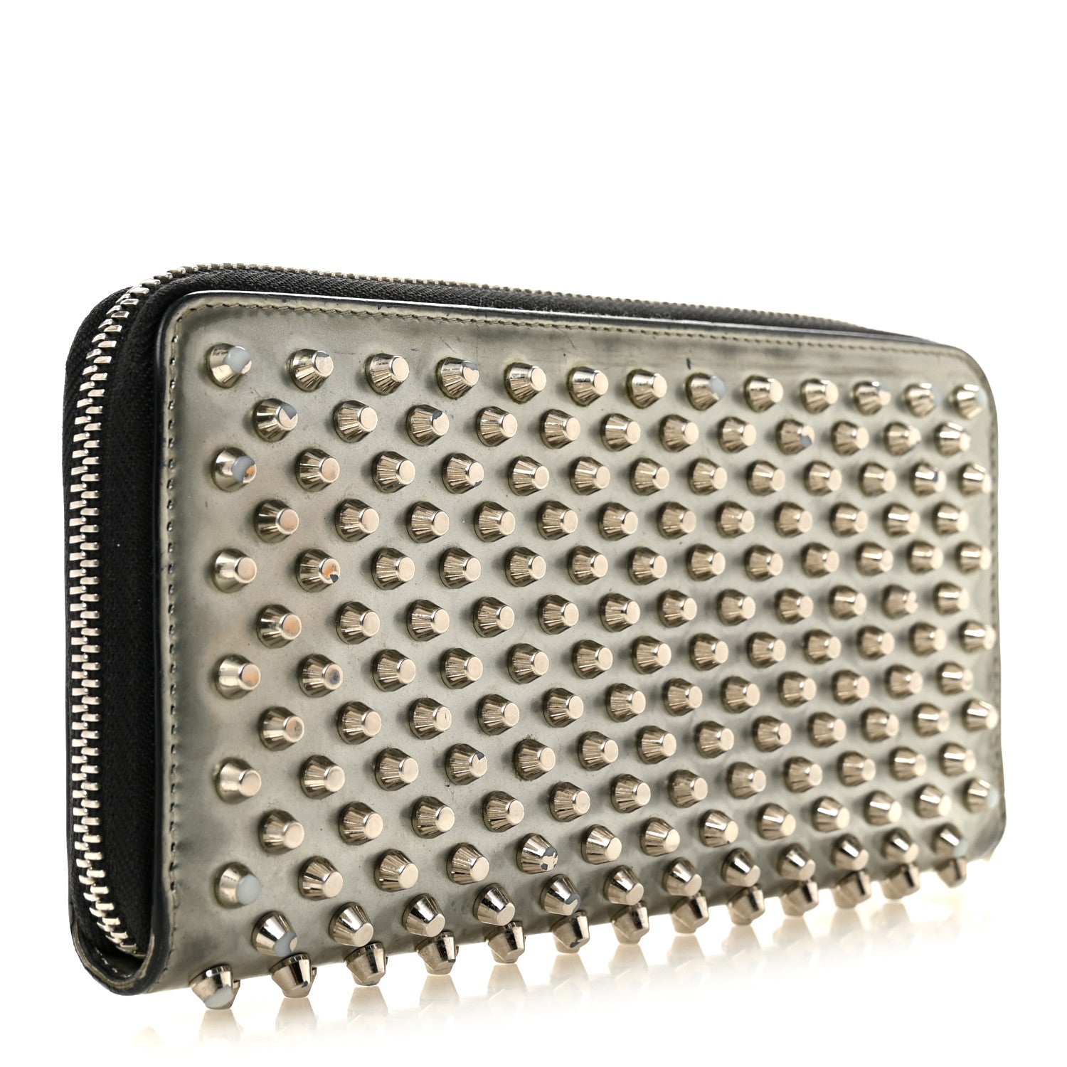 Christian Louboutin Metallic Patent Panettone Spiked Zip Around Wallet Silver 3 of 12