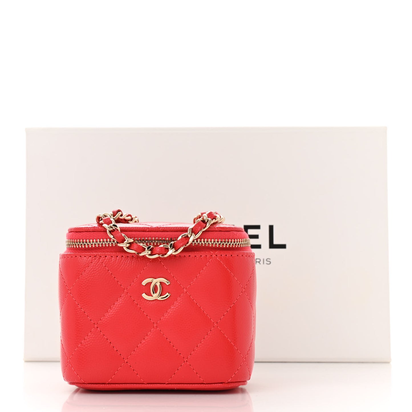 Caviar Quilted Mini Vanity Case With Chain Red