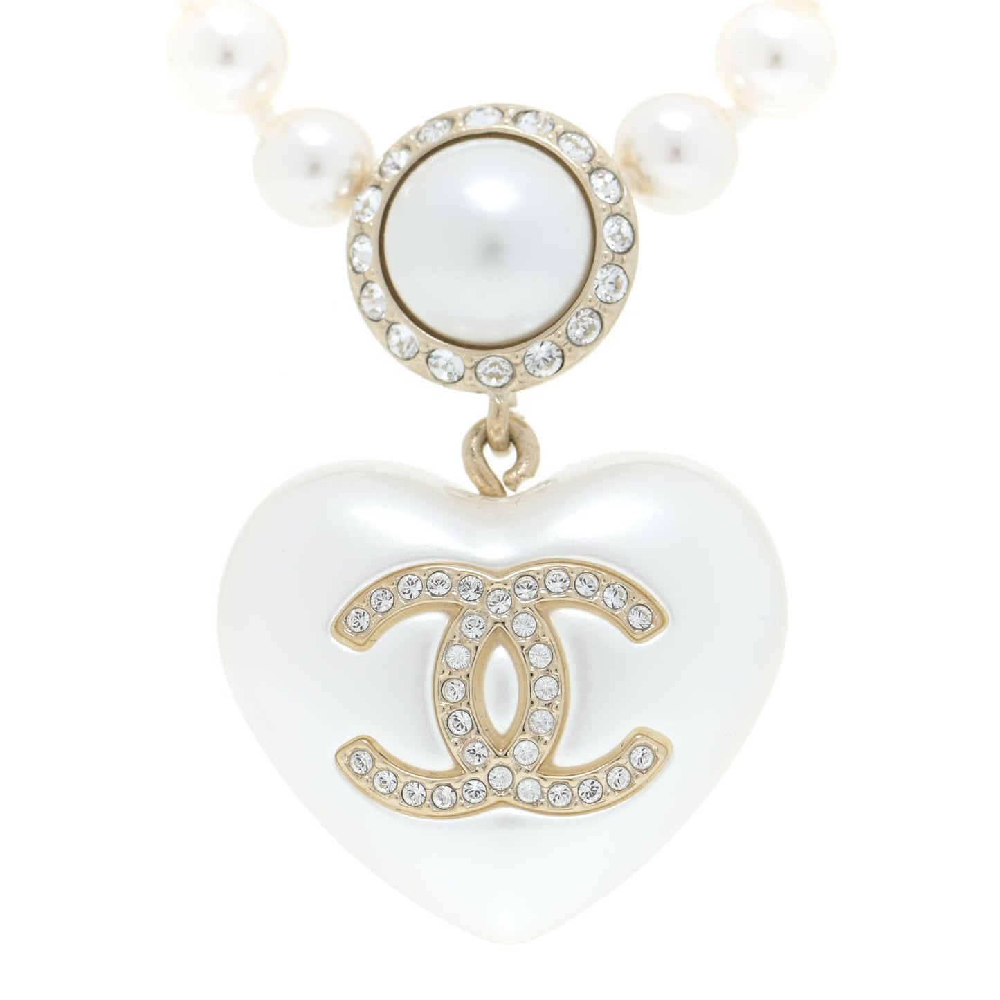 Pearl Crystal CC Heart Short Necklace Pearly White Gold