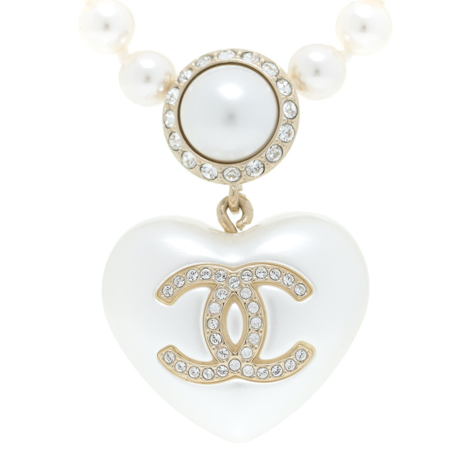 Chanel Pearl Crystal CC Heart Short Necklace Pearly White Gold 4 of 6