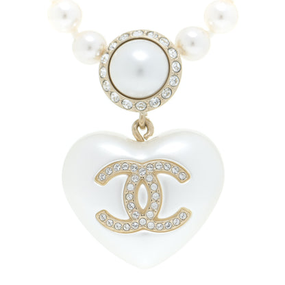 Chanel Pearl Crystal CC Heart Short Necklace Pearly White Gold 4 of 6