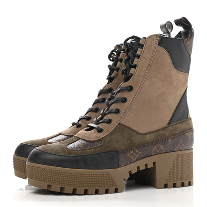 Louis Vuitton Suede Calfskin Monogram Laureate Platform Desert Boots 38.5 Taupe 3 of 7