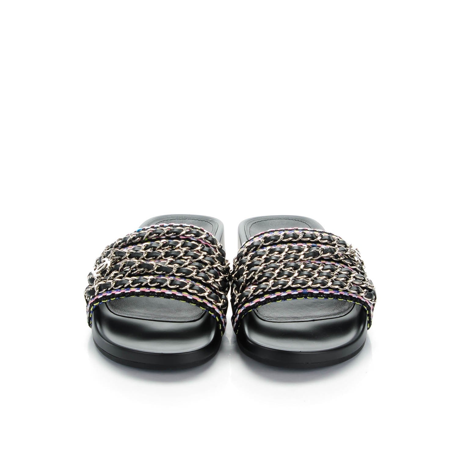 Chanel Tweed Lambskin Chain Flat Sandals 35 Black Multicolor 2 of 8