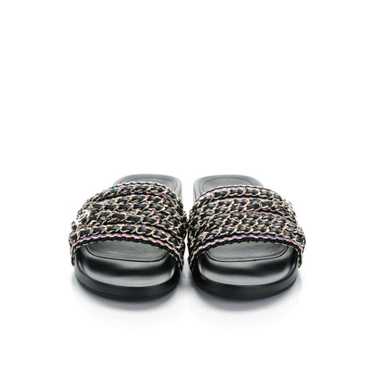 Chanel Tweed Lambskin Chain Flat Sandals 35 Black Multicolor 2 of 8