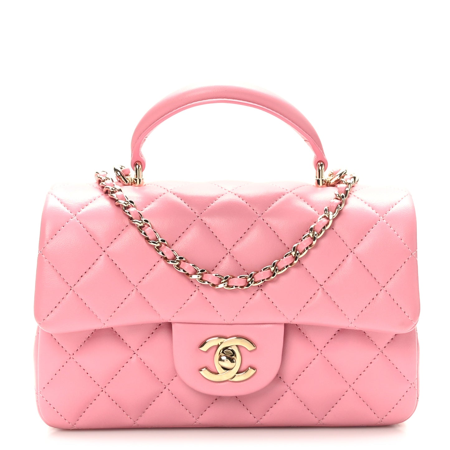 Lambskin Quilted Mini Top Handle Rectangular Flap Pink