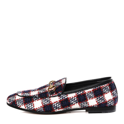 Gucci Vintage Tweed Check Horsebit Womens Jordaan Loafers 35.5 White Hibiscus Red Marine 1 of 11
