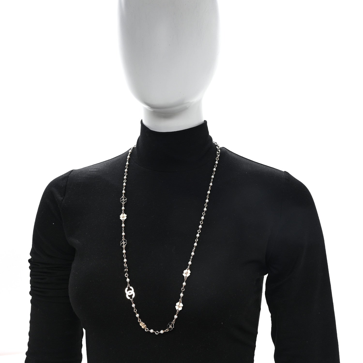 Chanel Resin Pearl Crystal CC Camellia Necklace Gold Black White 2 of 5