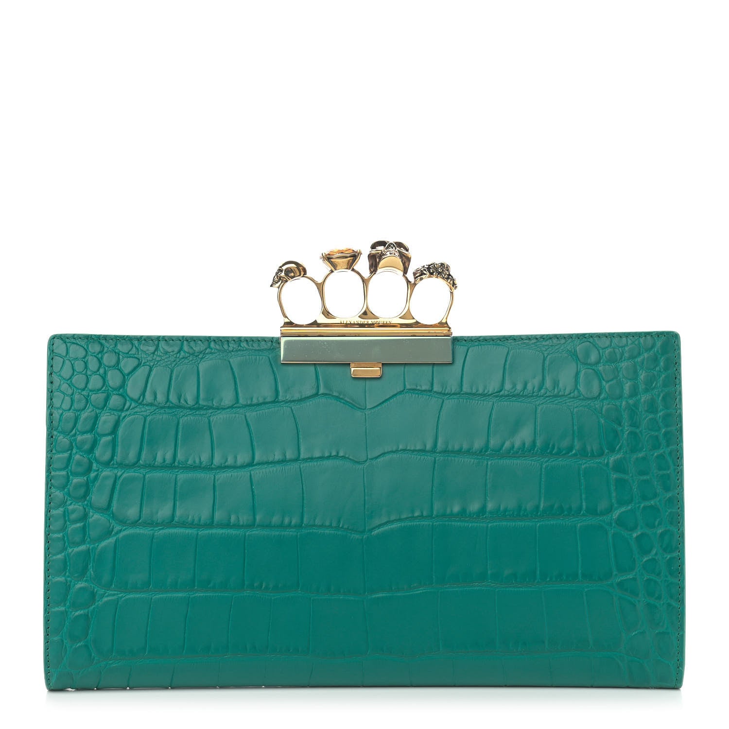 Alexander McQueen Calfskin Crocodile Embossed Knuckle Flat Clutch Citron 1 of 11