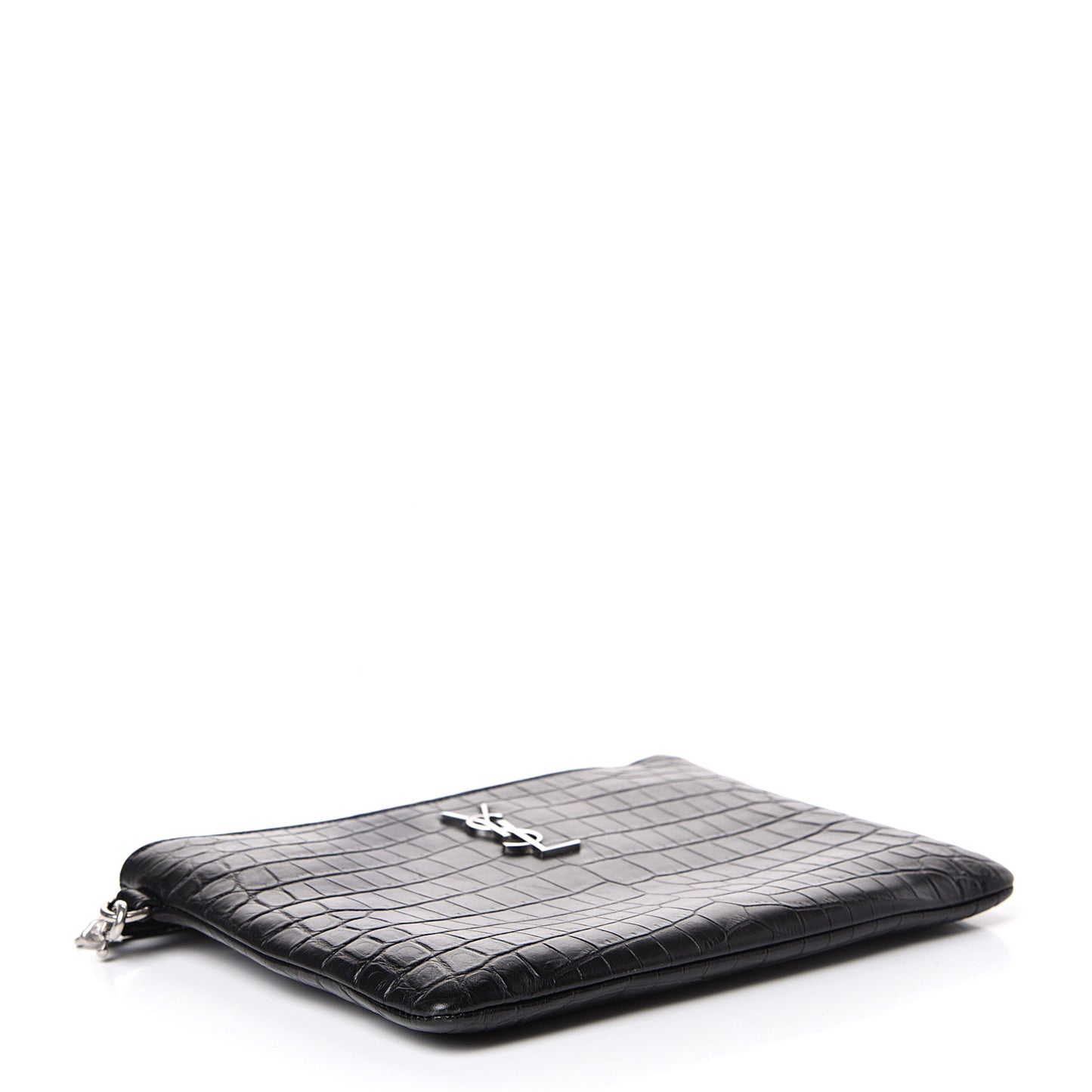 Calfskin Crocodile Embossed Monogram Zip Pouch Black