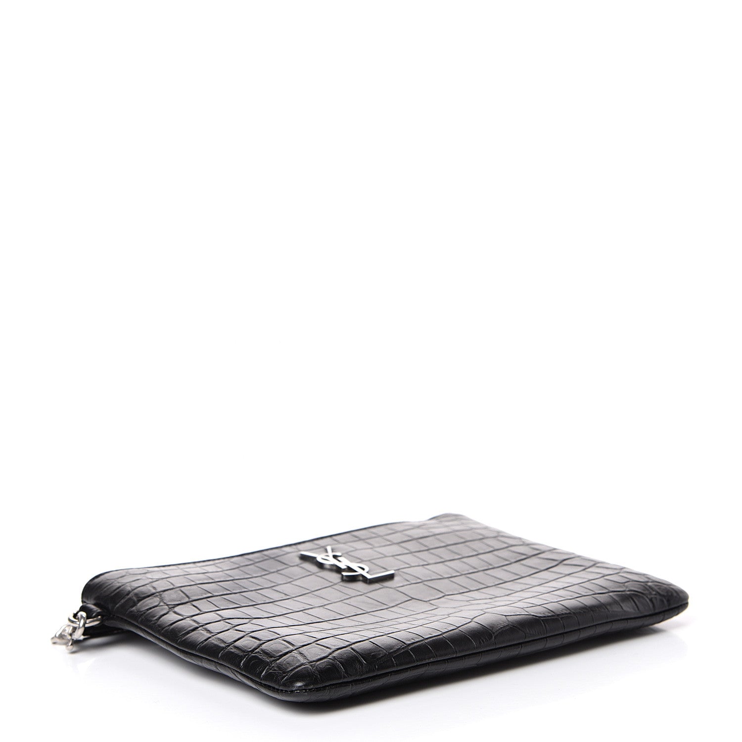 Saint Laurent Calfskin Crocodile Embossed Monogram Zip Pouch Black 3 of 9