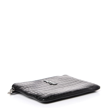 Saint Laurent Calfskin Crocodile Embossed Monogram Zip Pouch Black 3 of 9