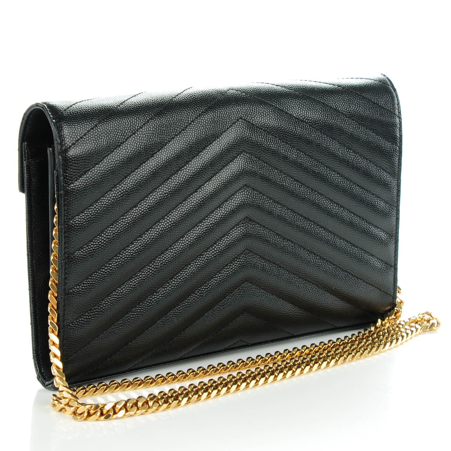 Saint Laurent Grain De Poudre Matelasse Chevron Monogram Chain Wallet Black 3 of 7