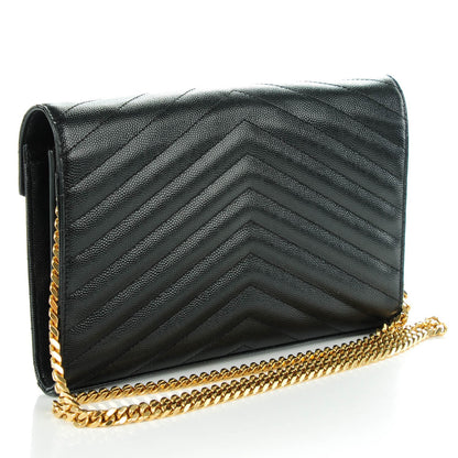 Saint Laurent Grain De Poudre Matelasse Chevron Monogram Chain Wallet Black 3 of 7