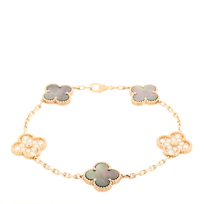 Van Cleef & Arpels 18K Rose Gold Diamond Gray Mother of Pearl 5 Motifs Vintage Alhambra Bracelet 1 of 5