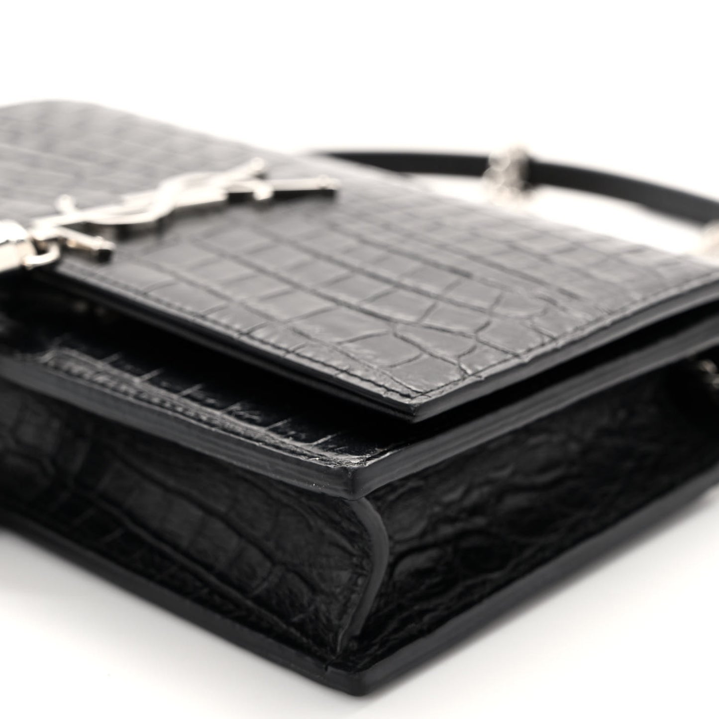 Calfskin Crocodile Embossed Kate Monogram Tassel Chain Wallet Black