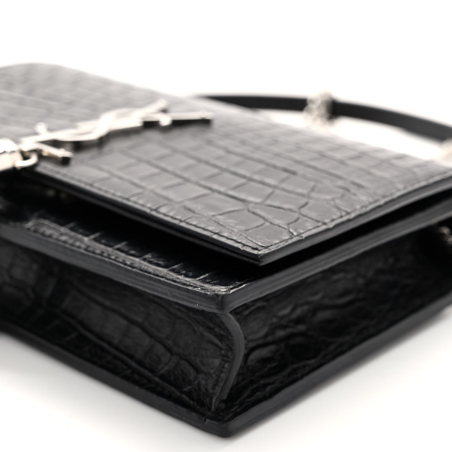 Saint Laurent Calfskin Crocodile Embossed Kate Monogram Tassel Chain Wallet Black 9 of 9