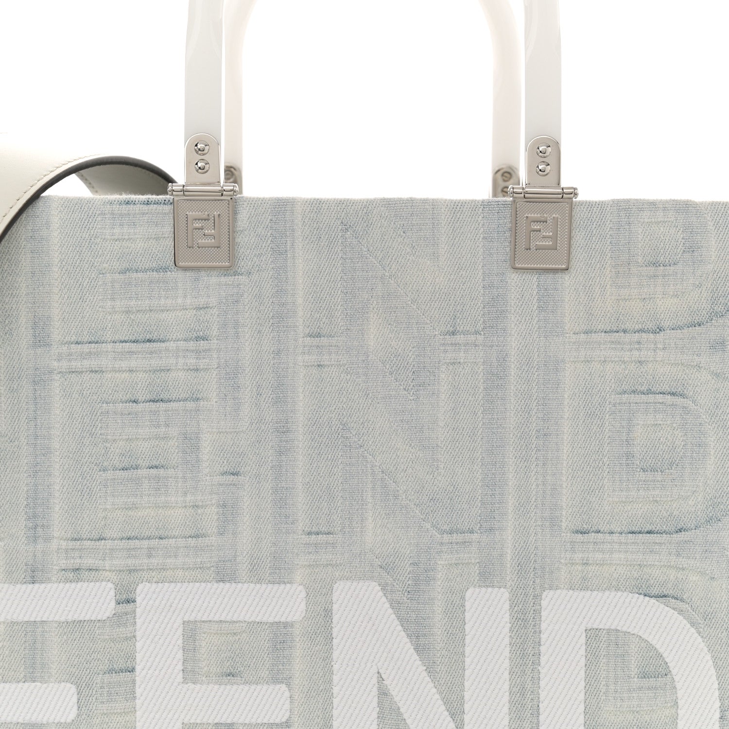 Fendi X MARC JACOBS Bleached Denim Vitello King Plexiglass Logo Medium Sunshine Shopper Tote Off White 9 of 16