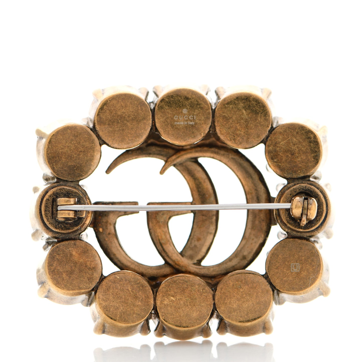 Metal Crystal Double G Brooch Aged Gold