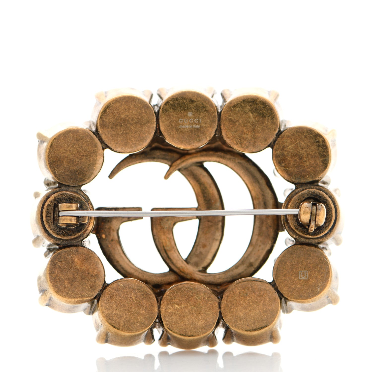 Gucci Metal Crystal Double G Brooch Aged Gold 3 of 5