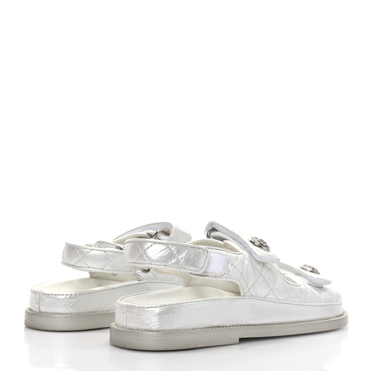 Chanel Laminated Lambskin Quilted Velcro Dad Sandals 37 Silver 4 of 8