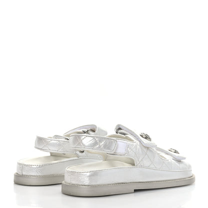 Chanel Laminated Lambskin Quilted Velcro Dad Sandals 37 Silver 4 of 8