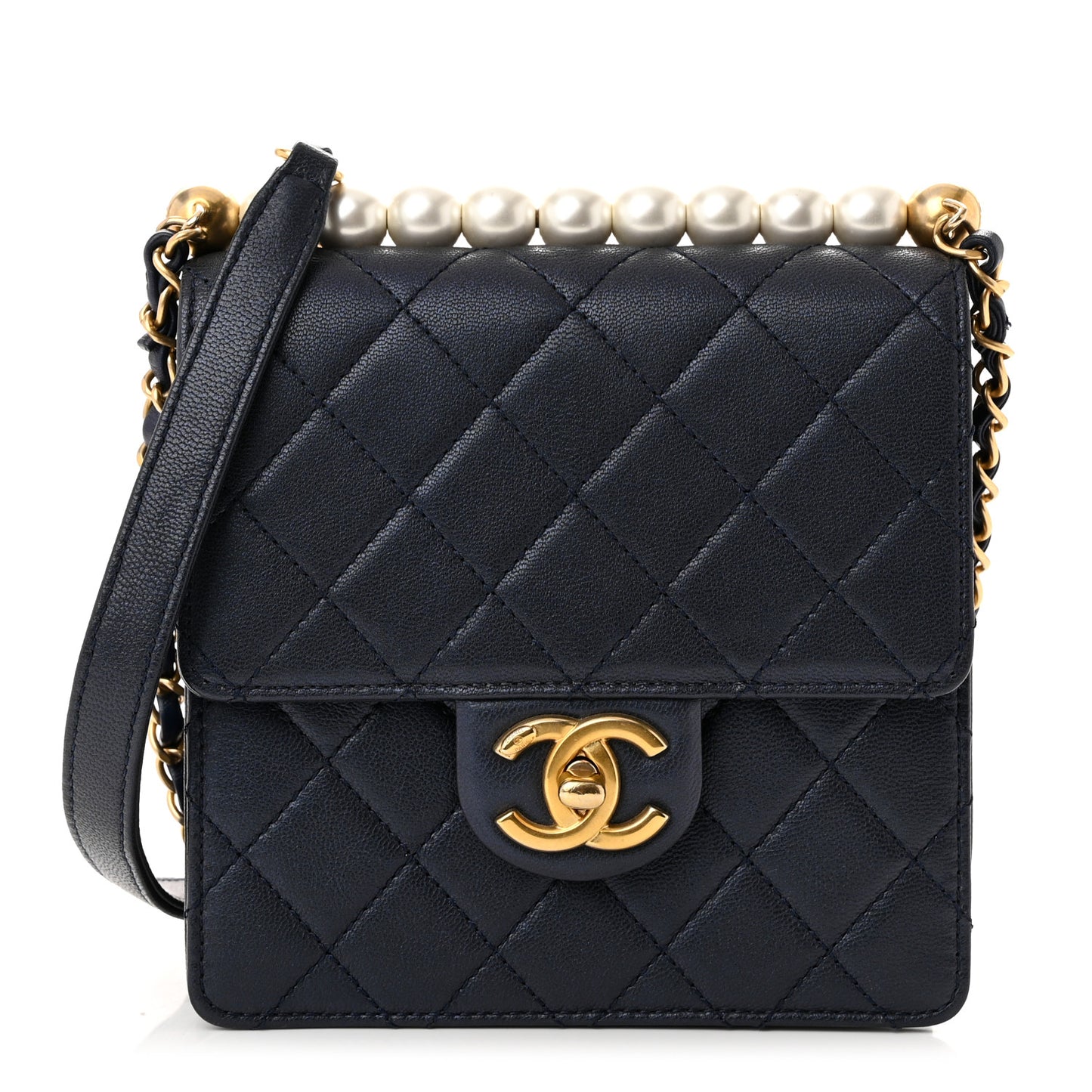 Iridescent Lambskin Quilted Chic Pearls Flap Navy Blue