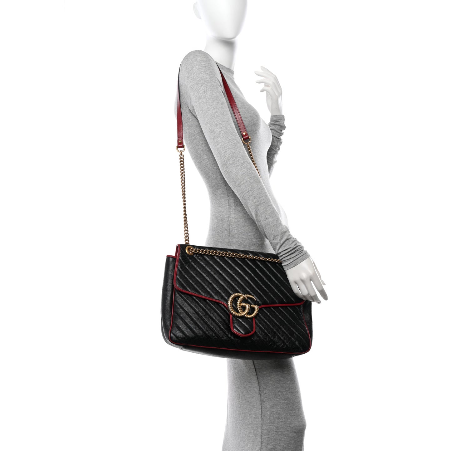 Vintage Effect Calfskin Matelasse Diagonal Large Torchon GG Marmont Shoulder Bag Black Romantic Cherry