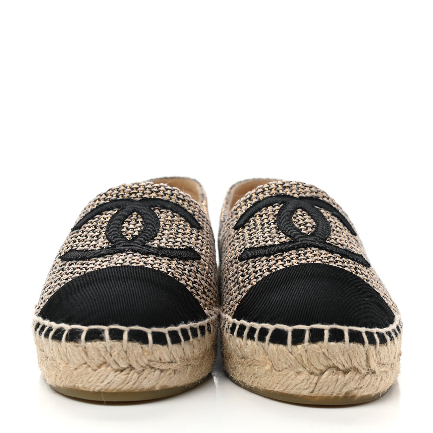 Chanel Tweed Grosgrain CC Espadrilles 36 Gold Beige Black 2 of 8