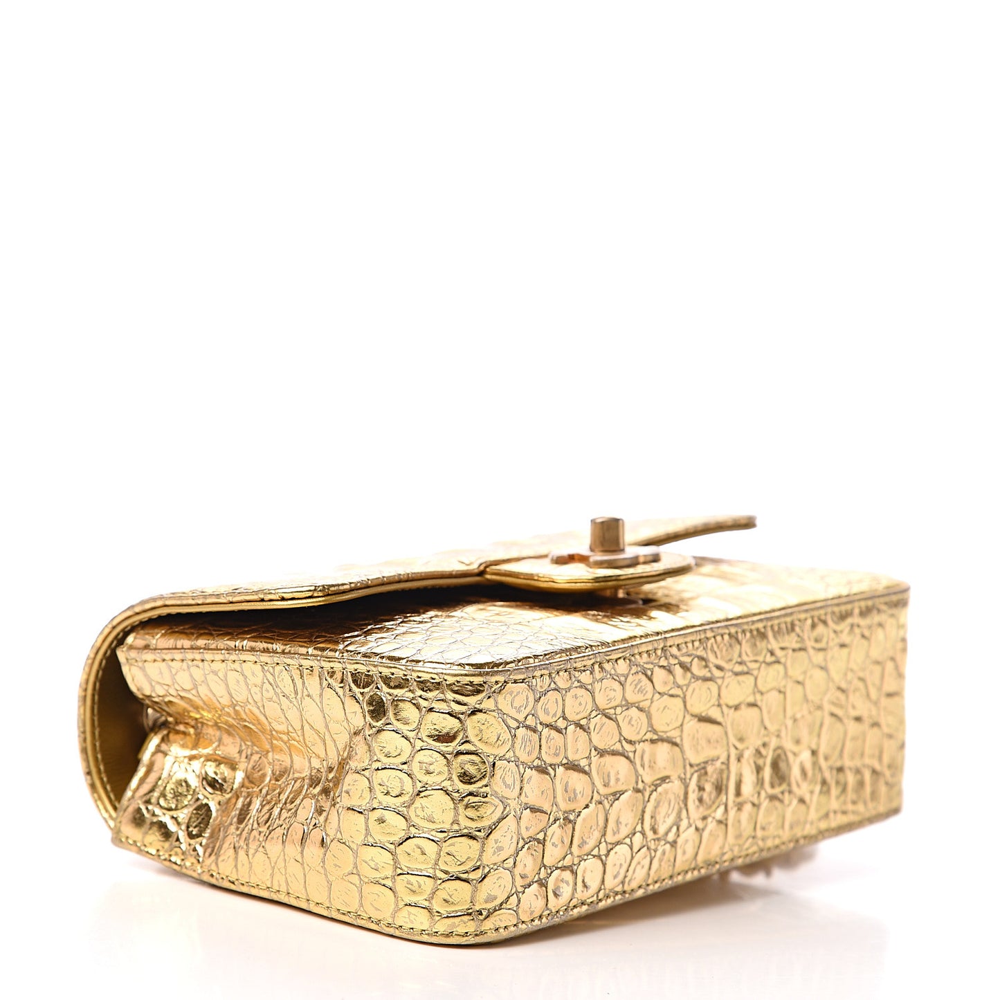 Metallic Calfskin Crocodile Embossed Cocodile Rectangular Mini Flap Gold