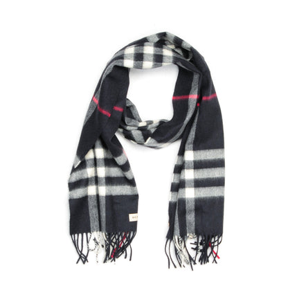 Burberry Cashmere Giant Check Fringe Scarf Navy 1 of 5