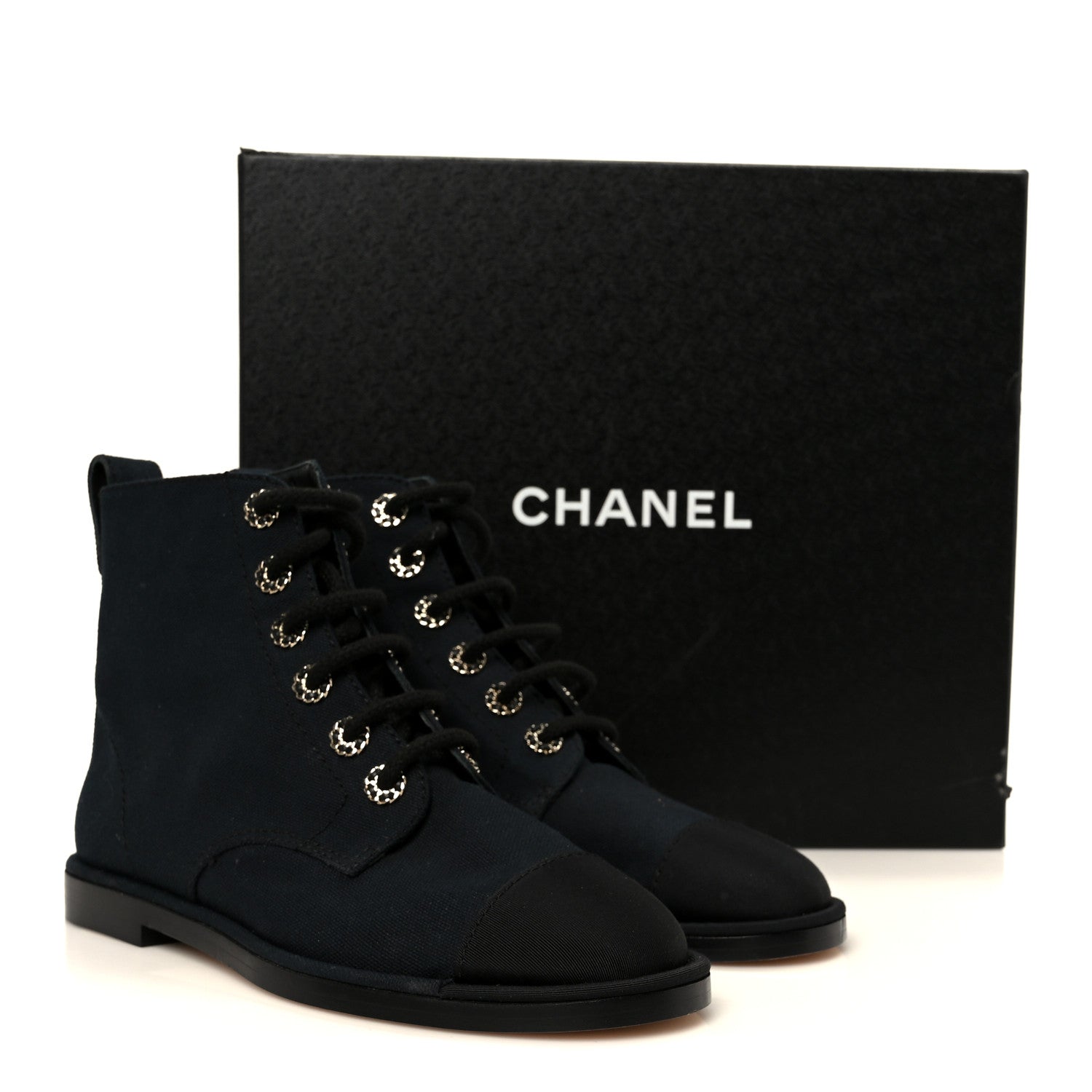 Chanel Cotton Grosgrain Cap Toe CC Lace Up Boots 37 Black 10 of 10