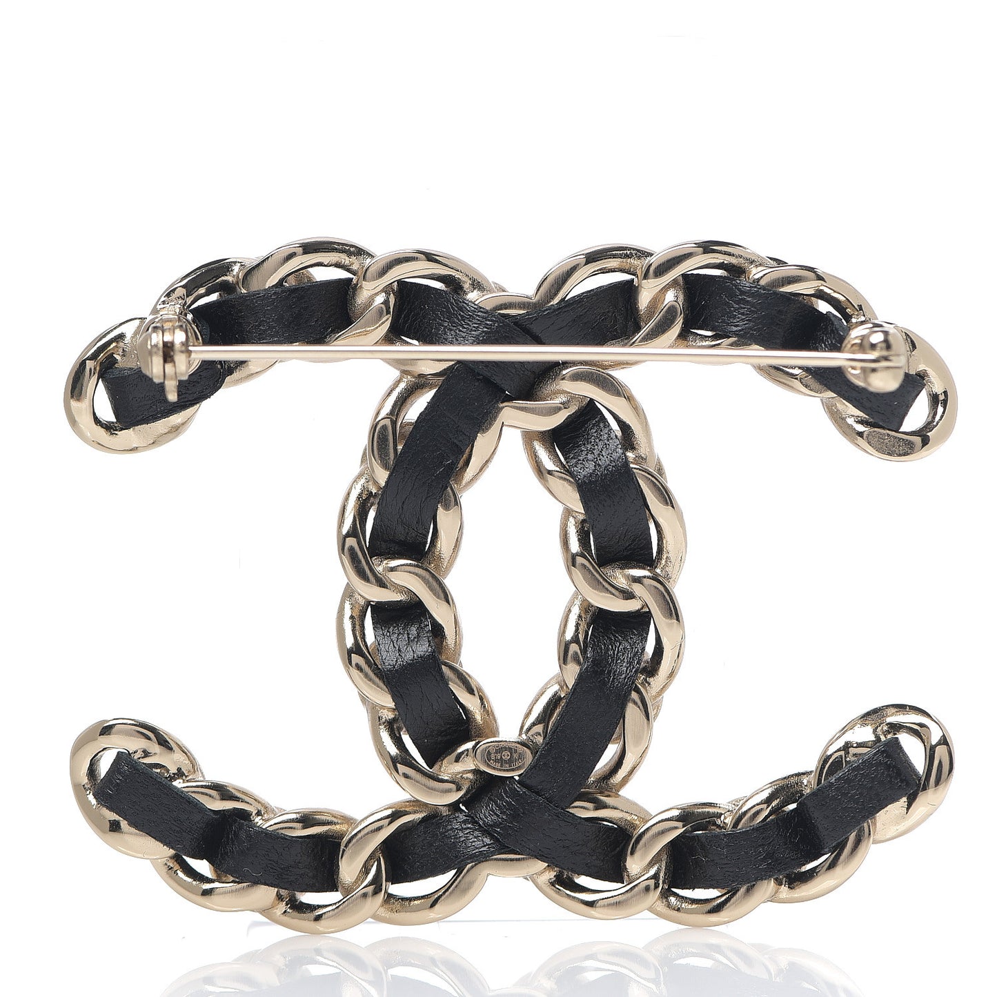 Lambskin Pearl Chain CC Brooch Gold Black