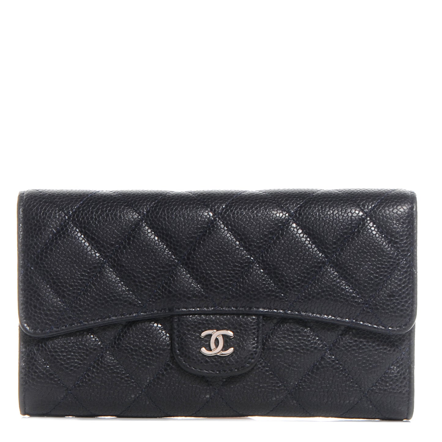 Caviar Quilted Long Flap Wallet Navy Blue