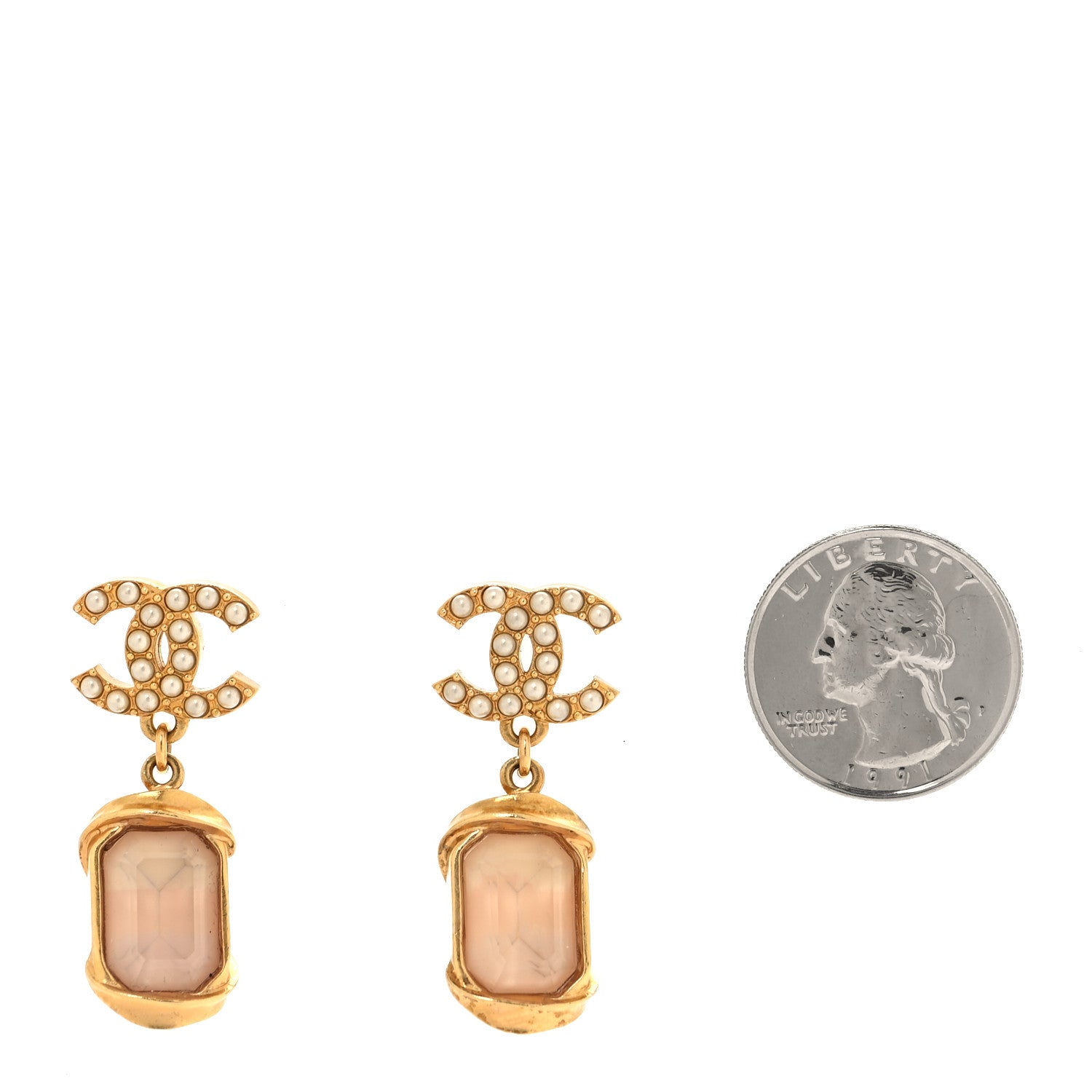Chanel Metal Crystal Pearl CC Drop Earrings i Gold Pink 2 of 5