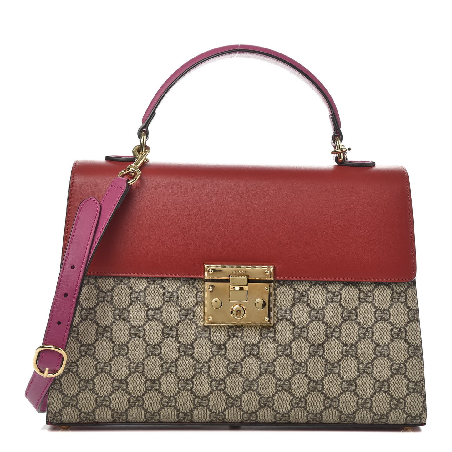 GG Supreme Monogram Calfskin Medium Padlock Top Handle Bag Beige Hibiscus Red New Rosette
