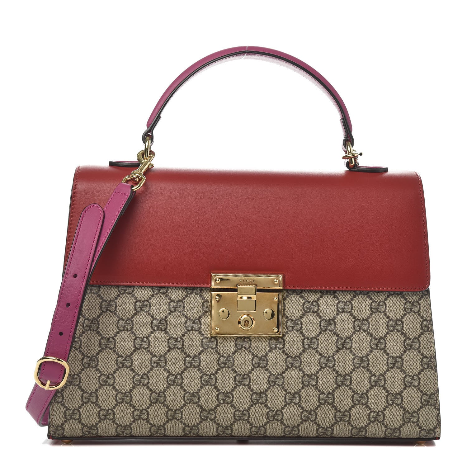Gucci GG Supreme Monogram Calfskin Medium Padlock Top Handle Bag Beige Hibiscus Red New Rosette 1 of 13