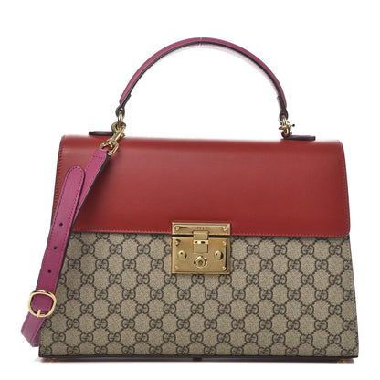 Gucci GG Supreme Monogram Calfskin Medium Padlock Top Handle Bag Beige Hibiscus Red New Rosette 1 of 13