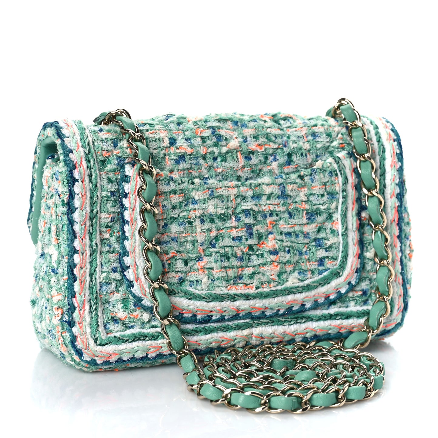 Tweed Quilted Mini Flap Green White Orange