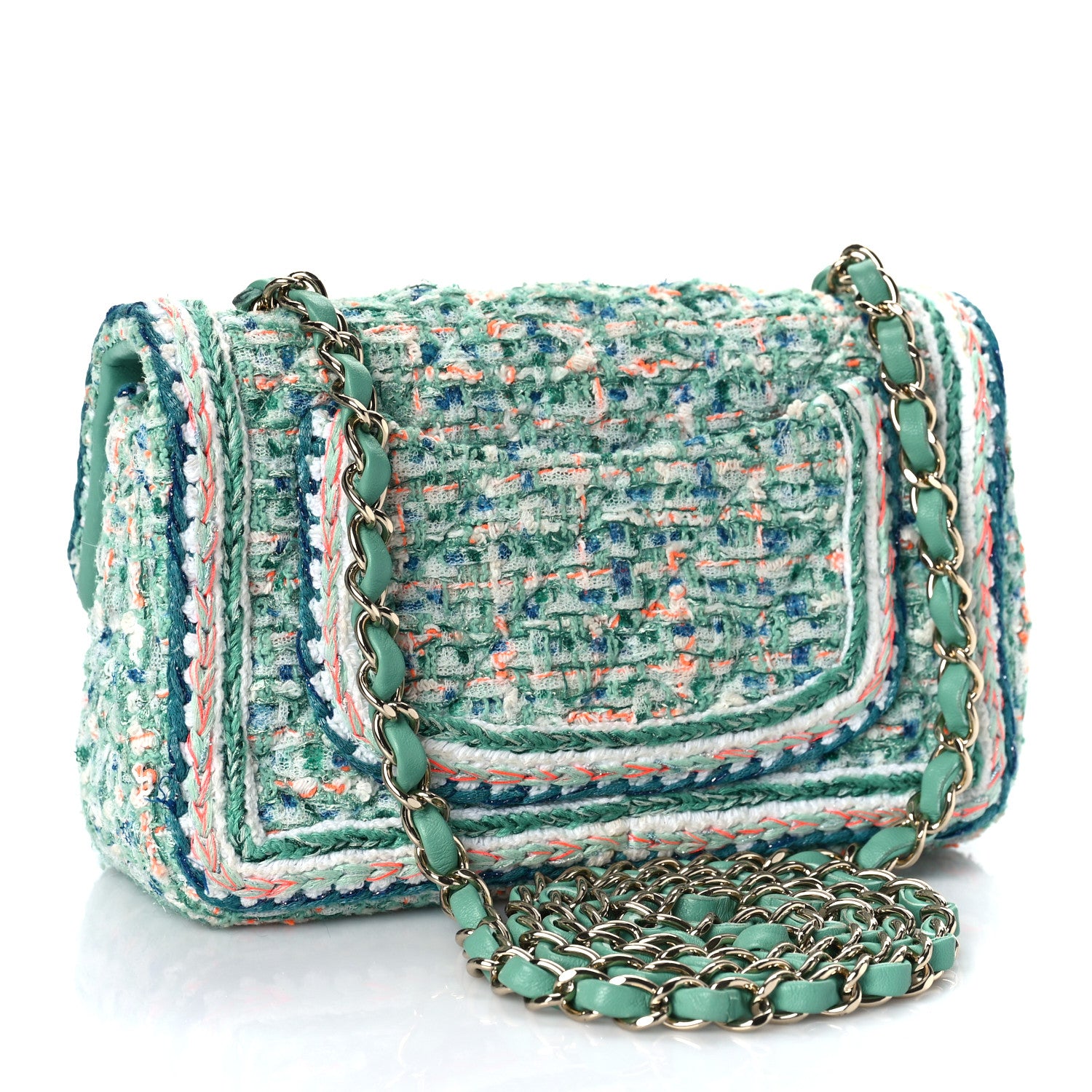 Chanel Tweed Quilted Mini Flap Green White Orange 3 of 11
