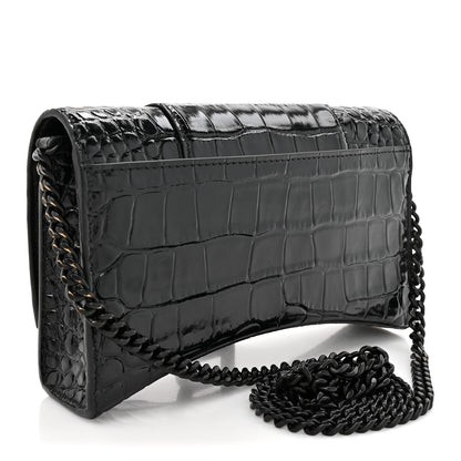 Balenciaga Shiny Calfskin Monochrome Crocodile Embossed Hourglass Chain Bag Black 4 of 23