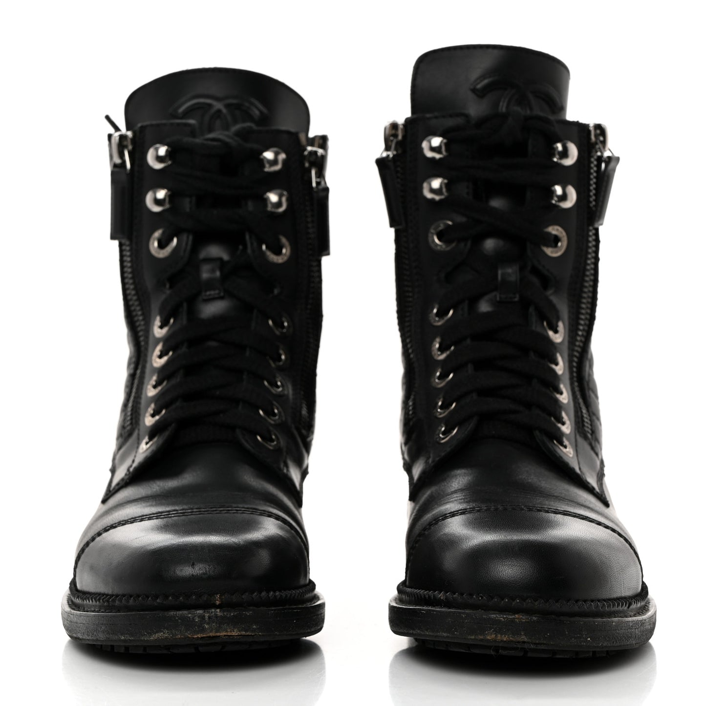 Calfskin Quilted Lace Up Combat Boots 36 Black