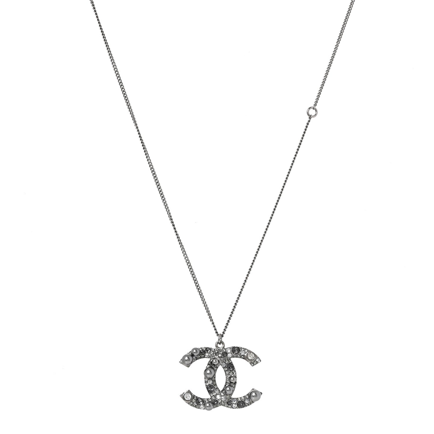 Crystal Pearl CC Pendant Necklace Silver Grey